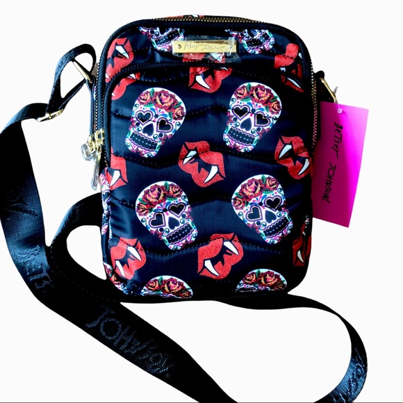 Betsey Johnson Handbags - BETSEY JOHNSON Sugar Skulls & Vampire Fangs Nylon Quilted Crossbody Bag